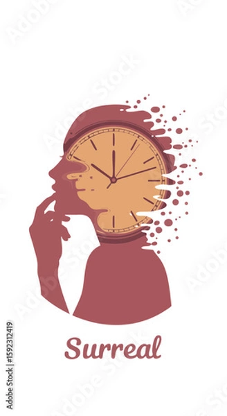 Fototapeta Female Silhouette Melting into Clock with ‘Surreal’ Script Icon