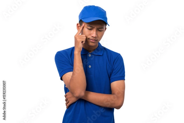 Fototapeta Asian delivery man wearing blue uniform think and get ideas expression isolated on white background
