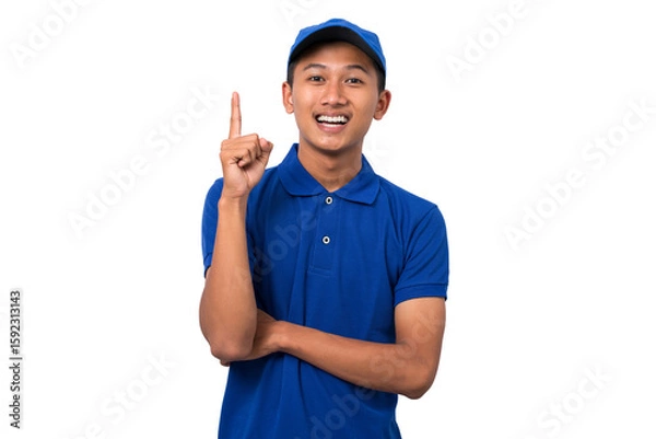 Fototapeta Asian delivery man wearing blue uniform think and get ideas expression isolated on white background