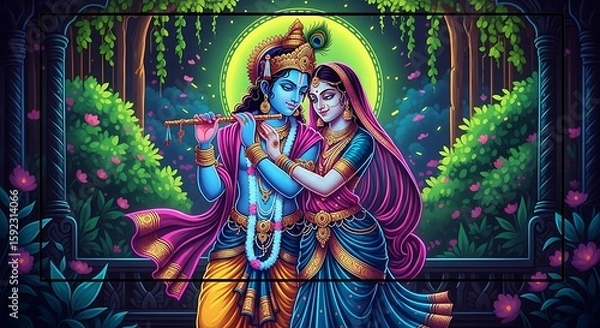 Fototapeta Digital artwork portraying the Hindu deities Krishna and Radha in a colorful, spiritual, and romantic setting with a glowing moon