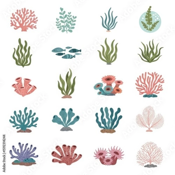 Fototapeta A collection of coral and seaweed illustrations are displayed