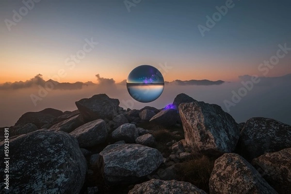 Obraz Crystal ball reflecting sunset sky on rocky beach shore with dramatic twilight clouds and mystical atmosphere for spiritual meditation concept
