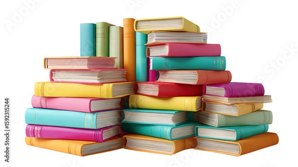 Fototapeta Pile of colorful books stacked randomly, isolated on a white background.