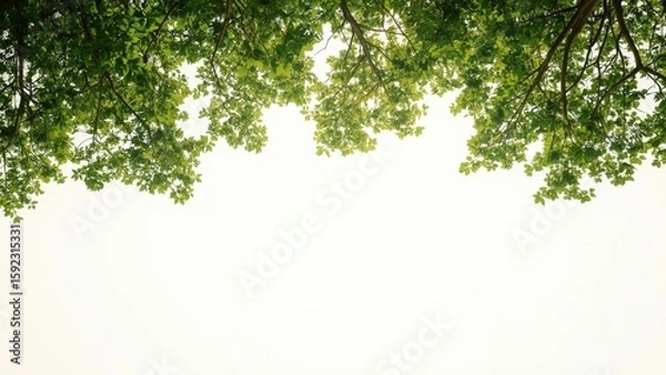 Fototapeta Fresh green tree leaves creating natural frame border with white background space for text overlay in spring summer environmental concept design
