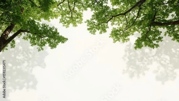Obraz Spring tree branches with vibrant green leaves framing white negative space for eco friendly environmental sustainability design template background
