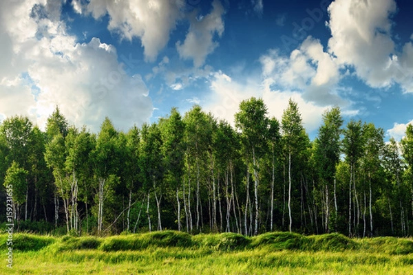 Obraz Beautiful landscape with birch tree forest, blue cloudy sky above it. Summer sunny landscape.