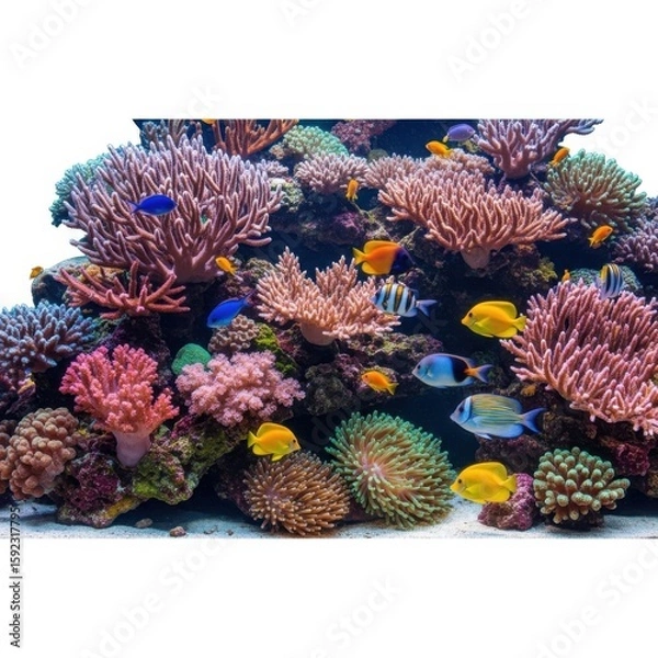 Fototapeta Colorful coral reef with tropical fish isolated on white background