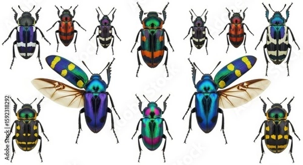 Fototapeta Collection of colorful beetles isolated on white background