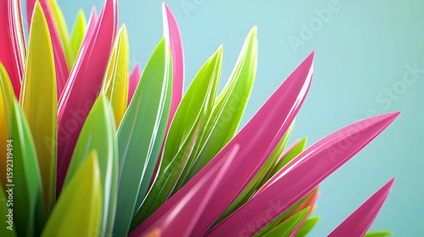 Obraz Vibrant, stylized blades of grass in a mix of bright pink, lime green, and teal, with a soft pastel background.  Close-up view showcasing the pointed, overlapping leaves