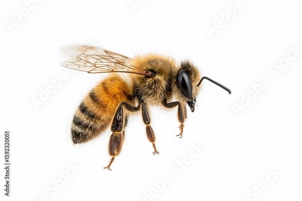 Obraz Detailed honeybee flying with visible wing structure and markings on clean background for nature documentary and environmental science materials

