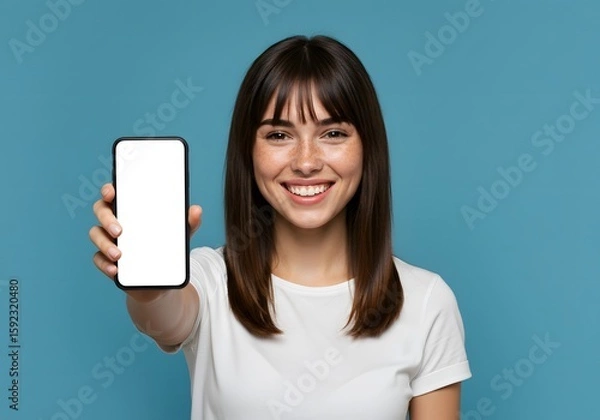 Fototapeta A smiling woman with bangs holding a smartphone with a blank white screen against a blue background