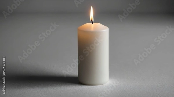 Fototapeta Minimalist white candle lit in soothing glow on gray background