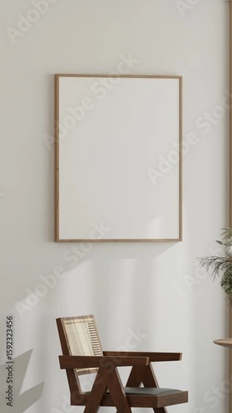 Fototapeta Scandinavian Dining Room Mockup with Wooden Table, Rattan Chairs, and Natural Light – 3D Interior Render