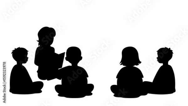 Obraz Silhouette illustration of children sitting in a circle listening to a story being read from a book