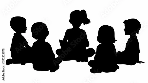 Obraz Silhouette of children sitting in a circle with one reading a book in a classroom setting together now