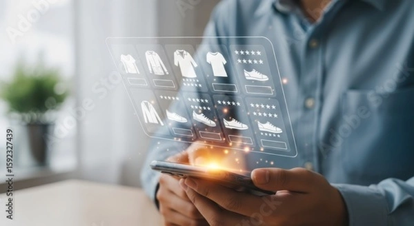 Fototapeta Photo of a person uses a smartphone to browse an online clothing and shoe store with a futuristic digital interface