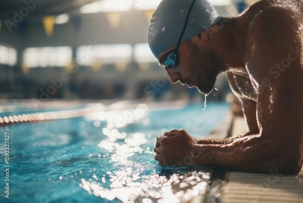 Obraz Swimmer practicing in indoor pool competitive training aquatic environment close-up perspective focus on performance