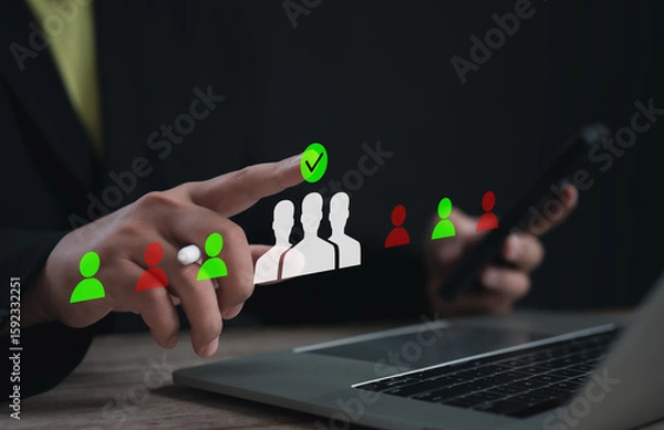 Fototapeta Professional selecting suitable candidate using digital filtering system on laptop, highlighting approved and rejected applicants, symbolizing HR selection, recruitment strategy, smart hiring tools.