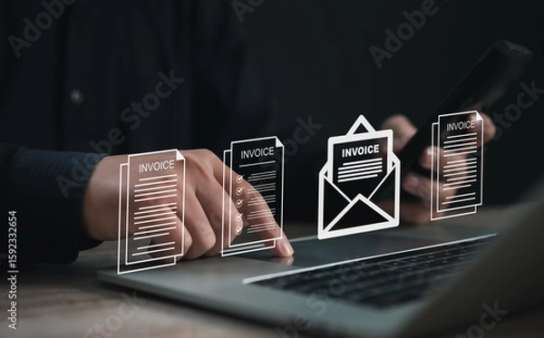 Fototapeta Businessman selecting a digital invoice document on a laptop screen with floating icons, representing online billing, finance automation, secure payment processing, and modern accounting systems.