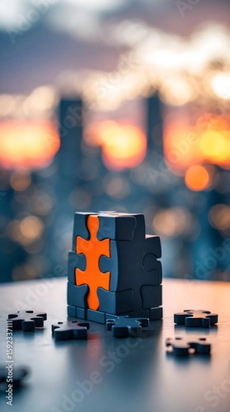 Fototapeta Single Puzzle Piece with a Cityscape Bokeh Background