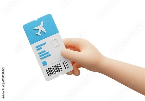Fototapeta Cartoon hand holding a blue and white airplane ticket with a barcode on a white background image