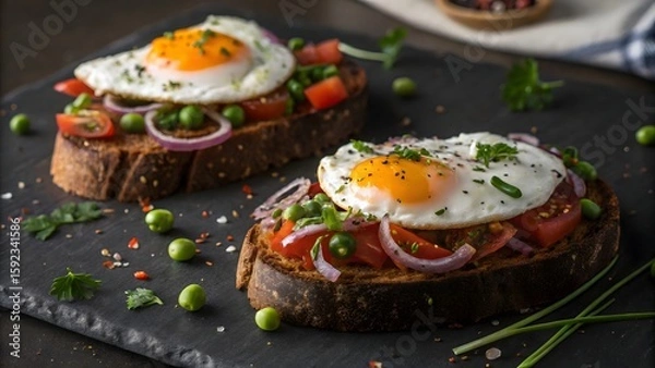 Obraz Sandwich with salmon cheese tomato and vegetables on a plate