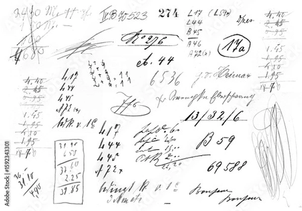 Fototapeta set or collection of hand drawn scribbles, numbers, calculations, abstract, pencil, crayon and ink, isolated over transparency, digital grungy collage design elements, PNG 