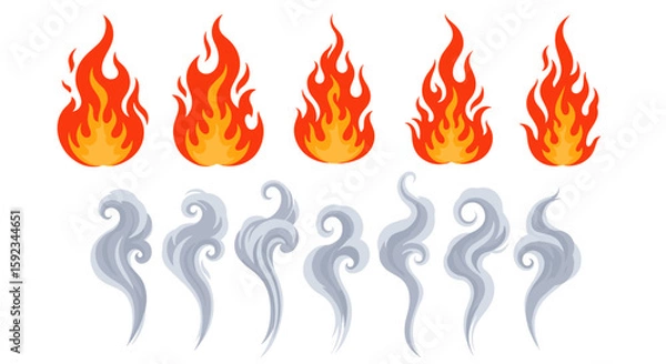 Fototapeta Illustration showing five flames and five smoke plumes arranged in two rows on a white background