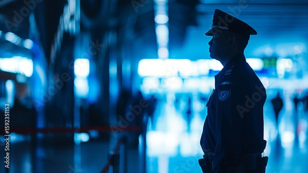 Obraz Silhouette of a security guard or police officer in a dark blue uniform in a public building. Concept of safety and protection.
