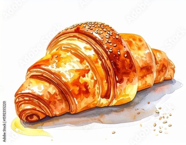 Fototapeta Shiny honey-glazed croissant in watercolor style on white background