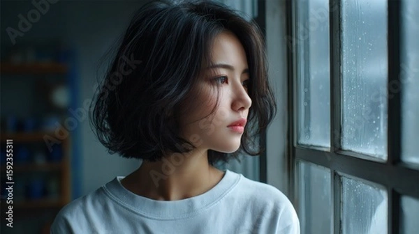 Fototapeta Casual portrait of introspective woman in modern apartment, exploring emotional complexity and inner calm Image 4K UHD