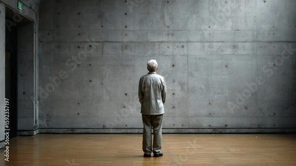 Fototapeta Solitary elderly figure facing empty concrete wall, capturing emotional stillness and aging solitude Image 4K UHD