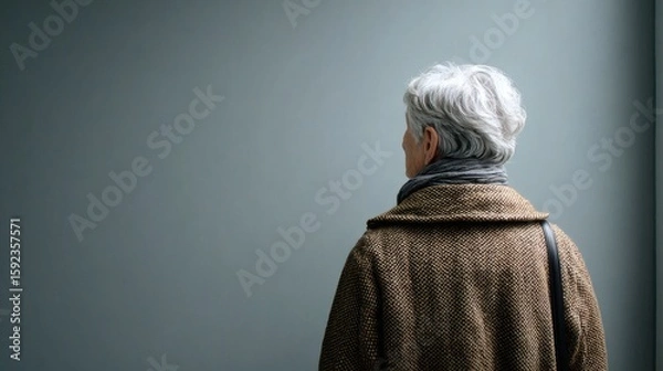 Fototapeta Elderly woman viewed from behind in soft blue tones, capturing emotional quiet and mindful solitude Image 4K UHD