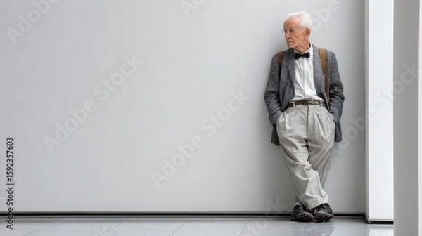 Fototapeta Elderly man leaning against wall in bright interior, representing emotional stillness and reflection on aging Image 4K UHD