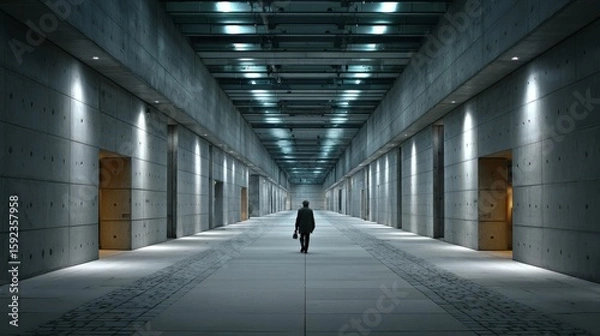 Fototapeta Silhouetted figure in narrow modern hallway with vanishing point, depicting emotional detachment and introspection Image 4K UHD