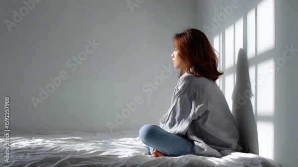 Fototapeta Young woman sitting quietly on the floor in sunlight, expressing emotional vulnerability and inner healing Image 4K UHD
