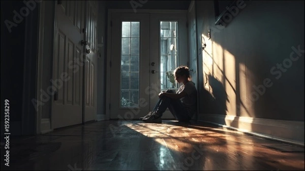 Fototapeta Solitary woman seated by window in ambient glow, conveying emotional pause, introspection, and inner balance Image 4K UHD