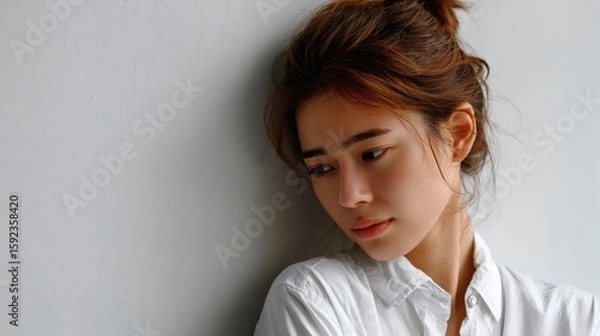 Fototapeta Pensive young woman looking down in ambient light, expressing emotional vulnerability and mindfulness Image 4K UHD