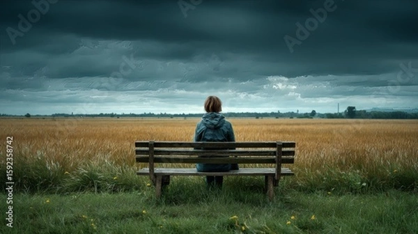 Fototapeta Individual sitting alone on bench surrounded by tall grass, capturing emotional stillness and personal retreat Image 4K UHD