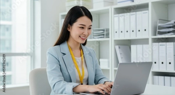 Obraz A smiling young woman in a light blue blazer sits at a desk in a bright office, using a laptop;  white shelves with files are in the background