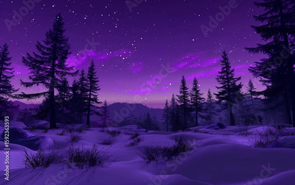 Obraz Winter night mountain landscape with snow and trees under a glowing purple starry sky. Nature scene for background or nature concept.