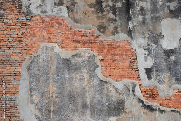 Fototapeta Red White Wall Background. Old Grungy Brickwork Horizontal Texture. Brickwall Backdrop. Structure With Broken Stucco And Plaster.