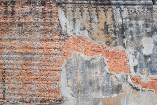 Fototapeta Red White Wall Background. Old Grungy Brickwork Horizontal Texture. Brickwall Backdrop. Structure With Broken Stucco And Plaster.