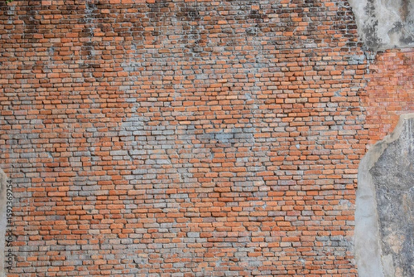 Fototapeta Red White Wall Background. Old Grungy Brickwork Horizontal Texture. Brickwall Backdrop. Structure With Broken Stucco And Plaster.
