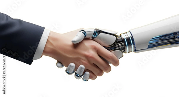 Fototapeta A human and robot handshake concept. featuring handshake, robot, human. This image is ideal for use in various financial contexts.