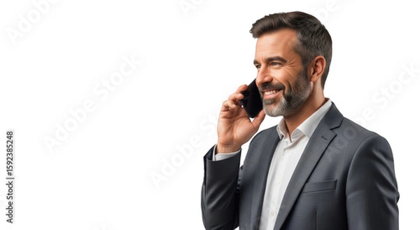 Fototapeta A smiling businessman talking on smartphone. featuring businessman, man, phone. This image is ideal for use in various financial contexts.