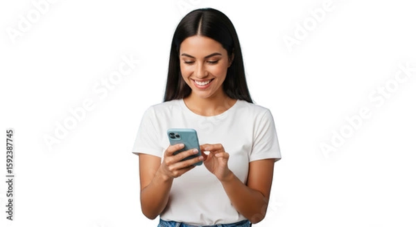 Fototapeta A smiling woman using smartphone isolated white. featuring woman, female, girl. This image is ideal for use in various financial contexts.