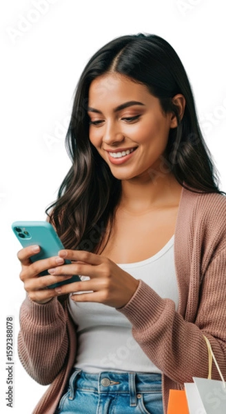 Fototapeta A smiling woman using smartphone online. featuring woman, female, girl. This image is ideal for use in various financial contexts.