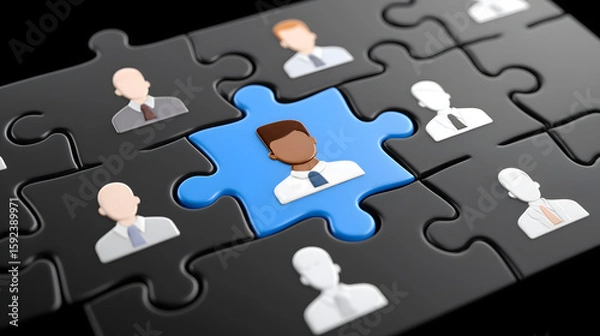 Fototapeta Unique Puzzle: A singular blue jigsaw piece representing a crucial professional, embedded within a network of connected black puzzle pieces, symbolizing unity in the workplace.