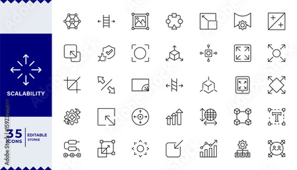 Fototapeta Scalability line icon set. Scale, scalable resize, scaling, stretch, expand, expansion, elasticity, scalling, adaptability, efficiency and more. Outline vector icon. Pictogram collection